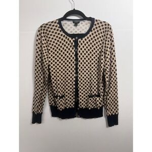 Ann‎ Taylor Polka Dot Cardigan Womens Large Tan Navy Blue Preppy Classic Sweater